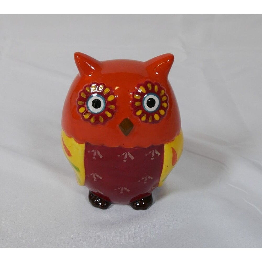 Ceramic Owl Figurine Halloween Fall Orange Yellow Owl Decor 4.5" Autumn
